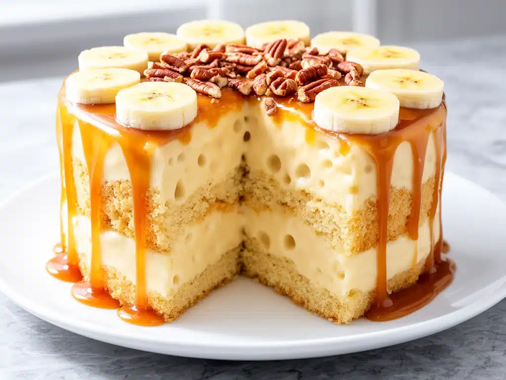 caramel banana pudding poke cake - featured image