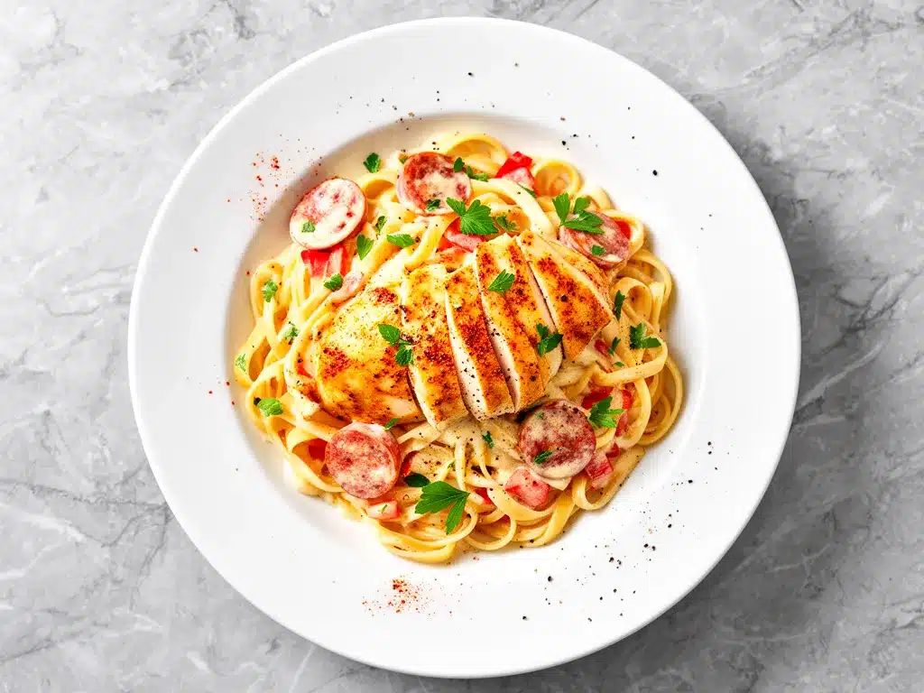 Creamy Cajun Chicken and Sausage Pasta Recipe Easy Weeknight Dinner 4 creamy cajun chicken and sausage pasta preparation steps