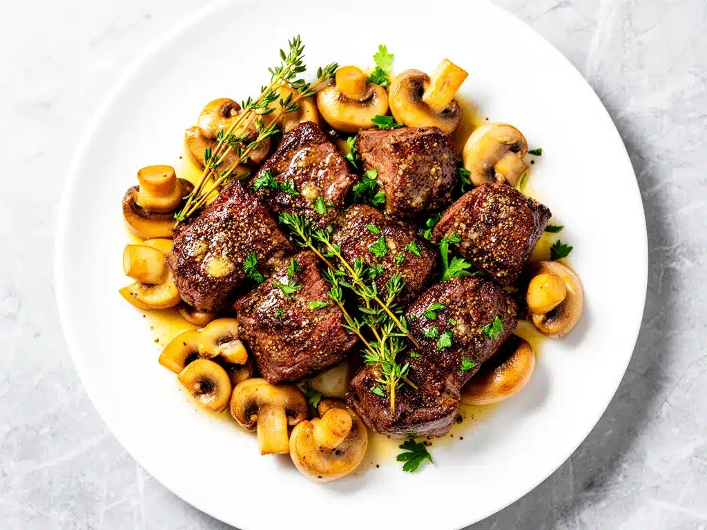 Garlic Butter Steak Tips with Mushrooms Easy Recipe Your Family Will Crave 4 garlic butter steak tips preparation steps