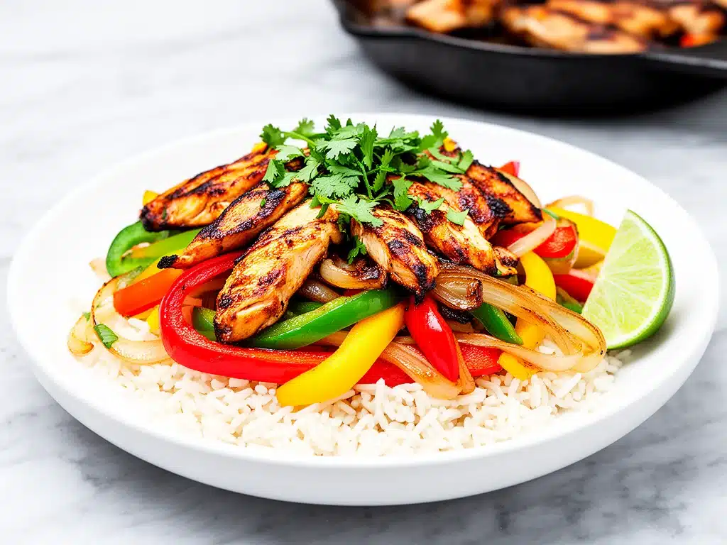 one pan creamy chicken fajita rice bowls - featured image