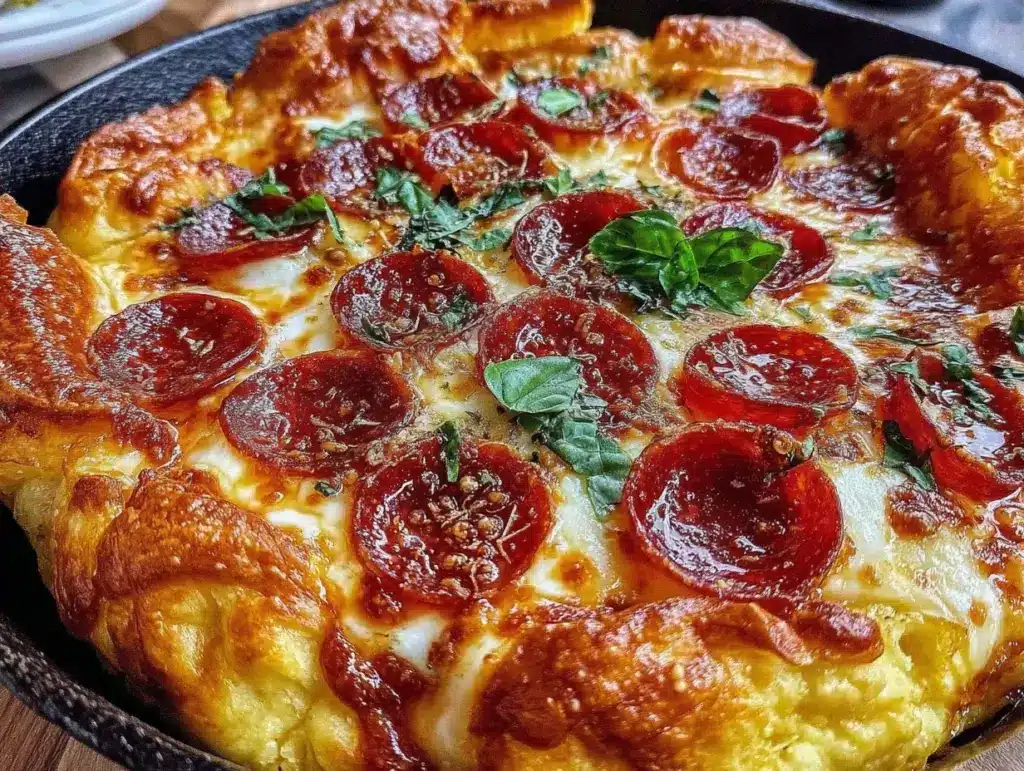 cast iron skillet deep dish pizza with pepperoni - featured image