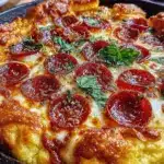 cast iron skillet deep dish pizza with pepperoni - featured image
