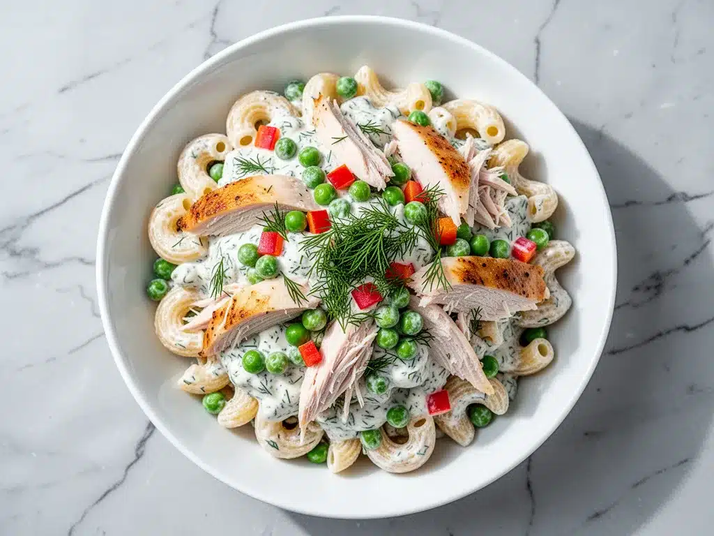 Creamy Dill Cold Pasta Salad with Rotisserie Chicken 4 creamy dill cold pasta salad with rotisserie chicken preparation steps