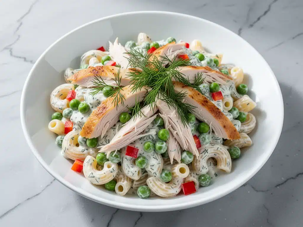 creamy dill cold pasta salad with rotisserie chicken - featured image