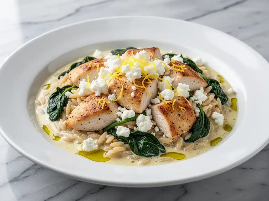creamy lemon feta chicken orzo skillet - featured image
