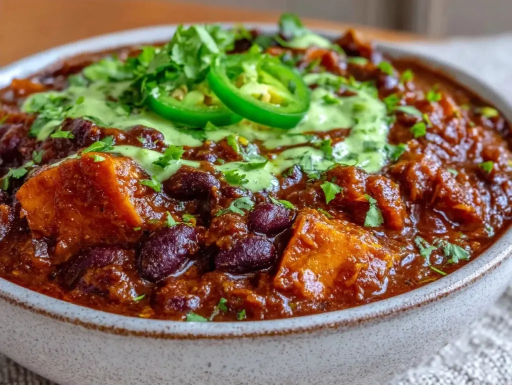 vegan sweet potato black bean chili - featured image